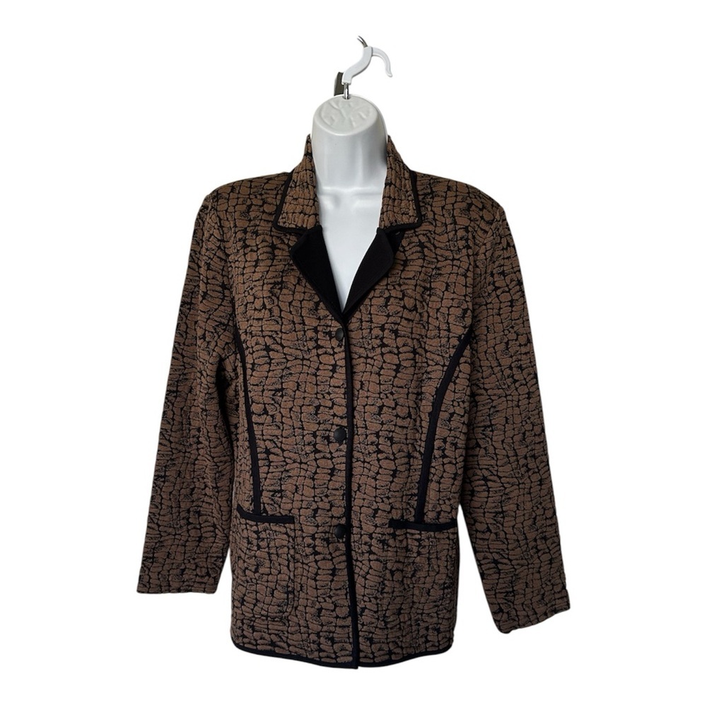 Misook Knit Jacket Cardigan Brown Black Animal Print Pockets Excellent Size L